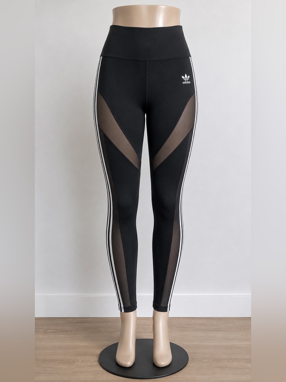 adidas Black Mesh-Panel High-Waist Leggings with White Stripes